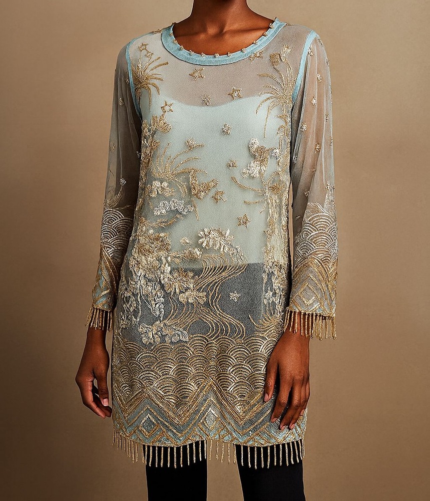 Anum Jung Blue Embroidered Beaded Kurta Unlined Tunic Blouse M
